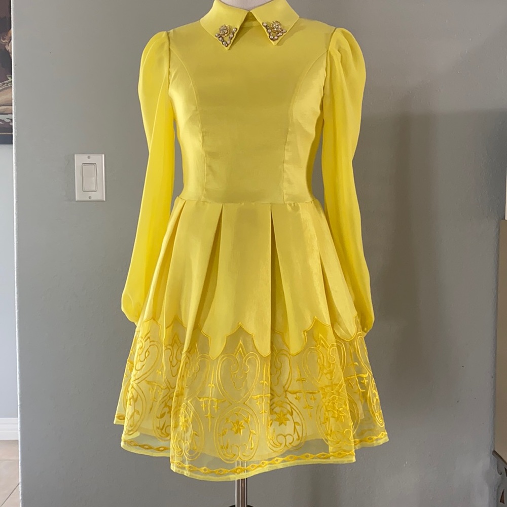 Yellow Collared Long Sleeve Skater Mini Dress Pleated